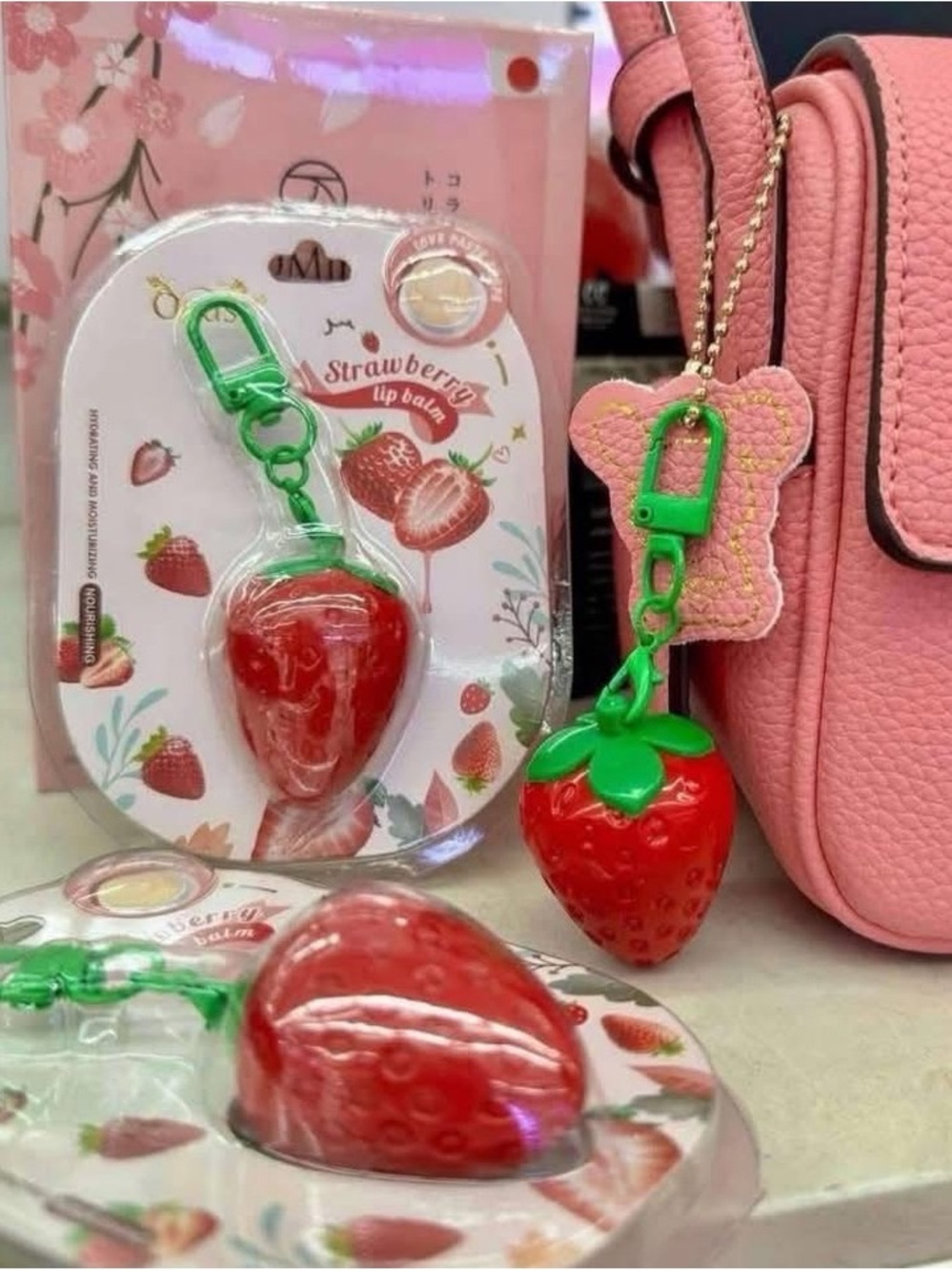 Strawberry Lip Balm Keychain Charm - Red & Green